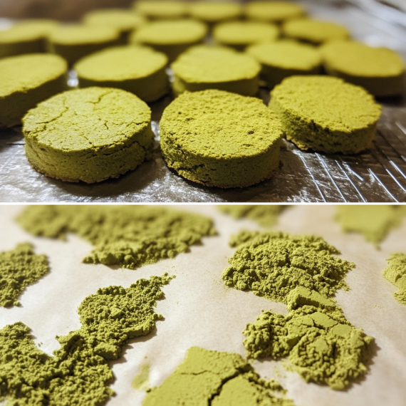 A two-panel image showing the process of making matcha cookies. The top panel features freshly baked round matcha cookies cooling on a wire rack, while the bottom panel displays crumbled matcha powder on parchment paper.