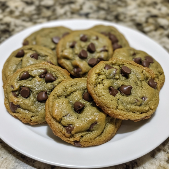A plate of freshly baked matcha chocolate chip cookies with a golden green hue, studded with semi-sweet chocolate chips, placed on a granite countertop.
