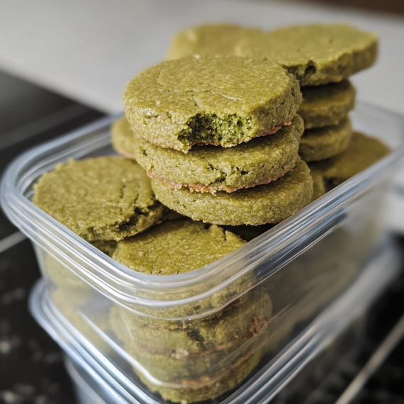 A batch of green matcha cookies neatly stacked inside a clear airtight container, ensuring freshness and flavor retention.