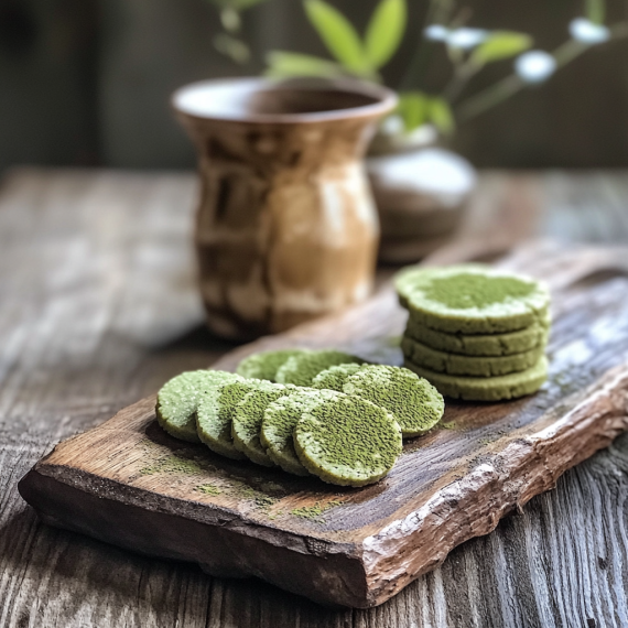 A collection of green matcha cookies beautifully arranged on a wooden board, creating a rustic and elegant presentation.