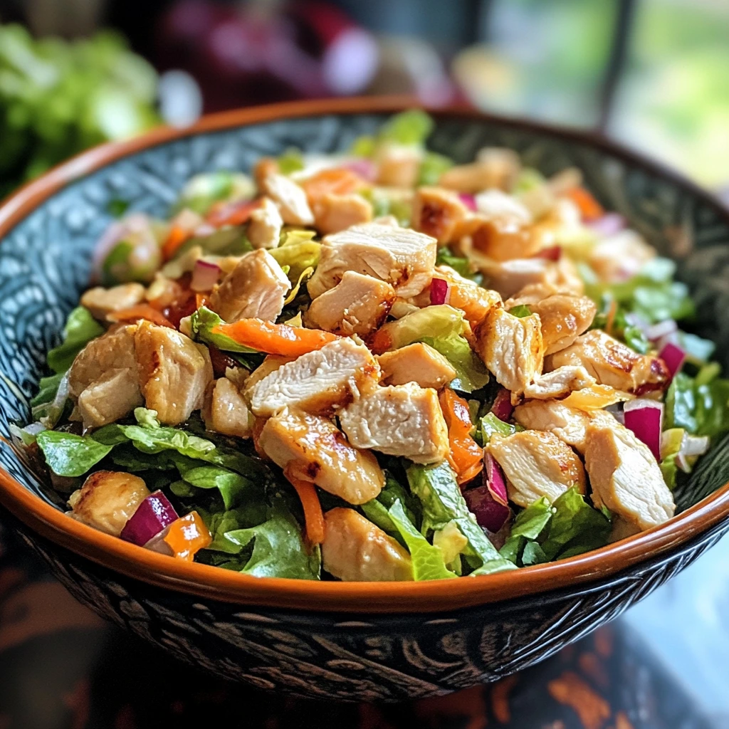 A bowl of Oriental Chicken Salad with grilled chicken pieces, fresh lettuce, shredded carrots, red onions, and a flavorful dressing.