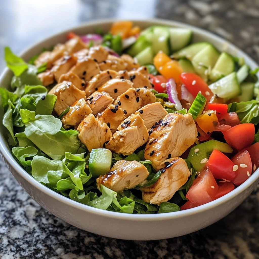 A bowl of Oriental Chicken Salad with grilled chicken slices topped with black sesame seeds, fresh lettuce, cucumbers, tomatoes, bell peppers, and a light dressing.