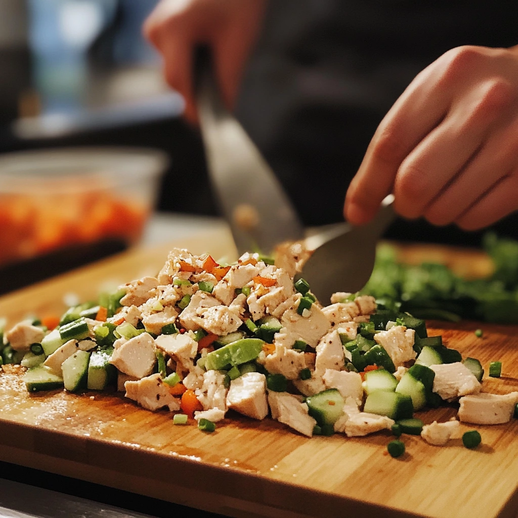 A close-up of freshly chopped grilled chicken, cucumbers, carrots, and green onions on a wooden cutting board, with a person using a knife and spoon to prepare an Oriental Chicken Salad.