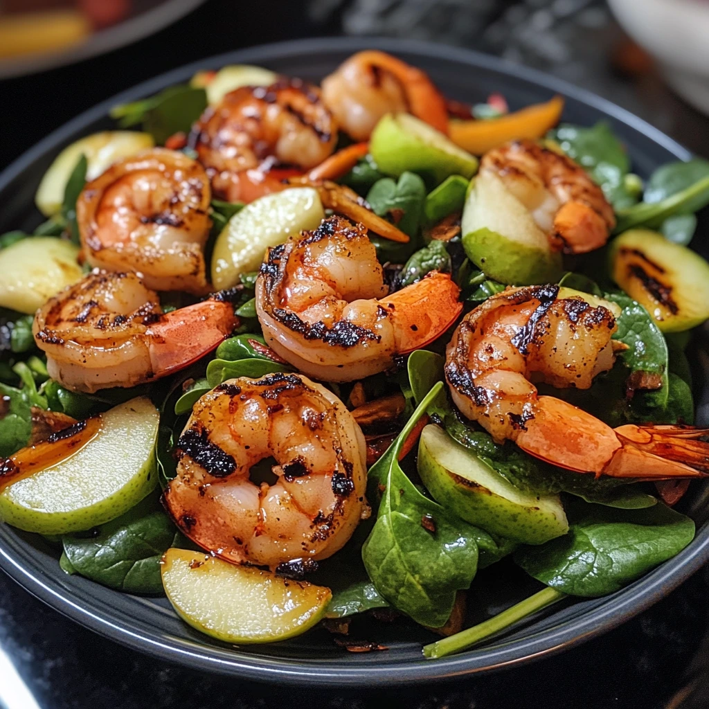 A vibrant Oriental Salad featuring grilled shrimp, fresh spinach, mixed greens, sliced apples, and cucumbers, served with a light dressing.