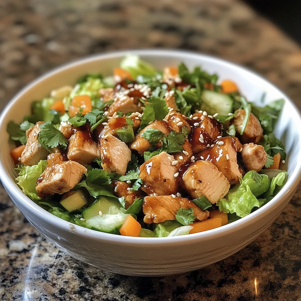 A bowl of Classic Oriental Chicken Salad with grilled chicken, crisp lettuce, shredded carrots, crunchy chow mein noodles, and a sesame-ginger dressing.