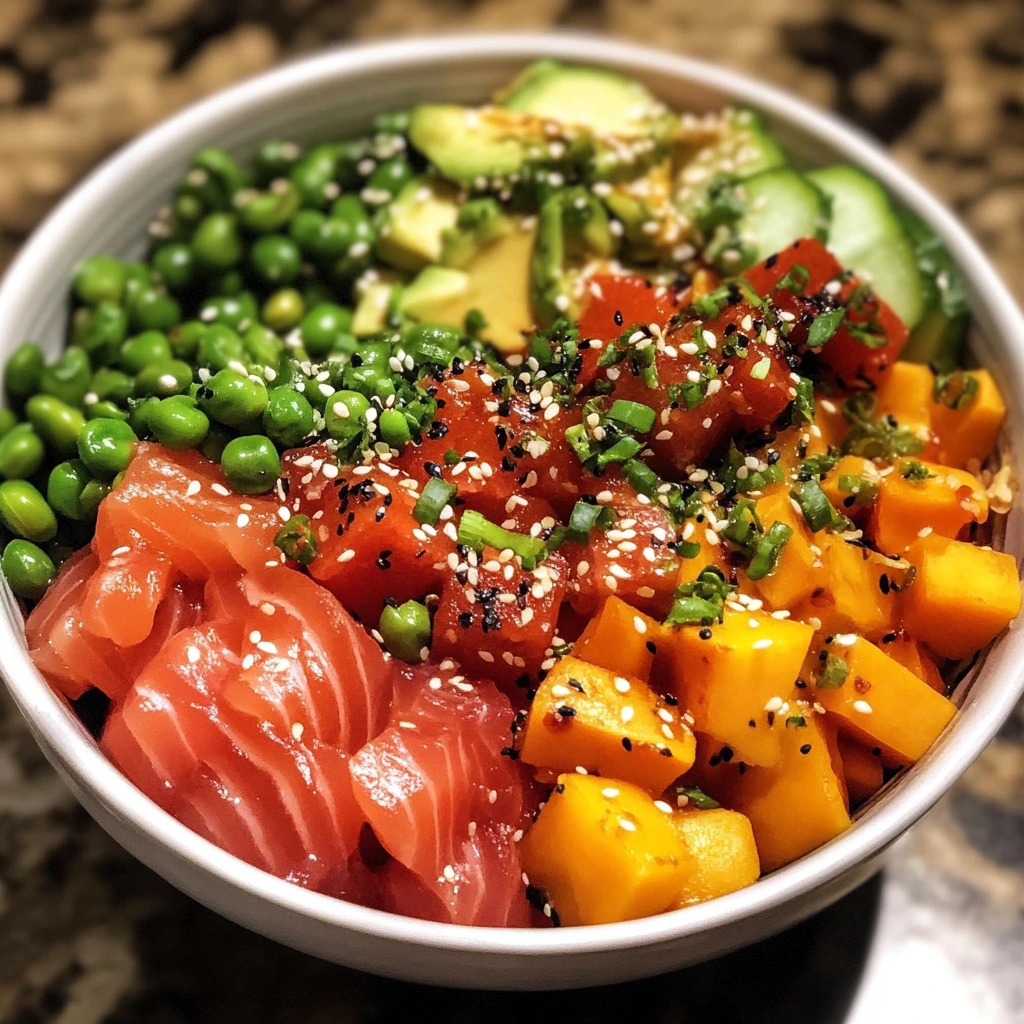 A vibrant poke bowl with fresh salmon, tuna, diced mango, edamame, avocado, and cucumber, topped with sesame seeds and chopped green onions.