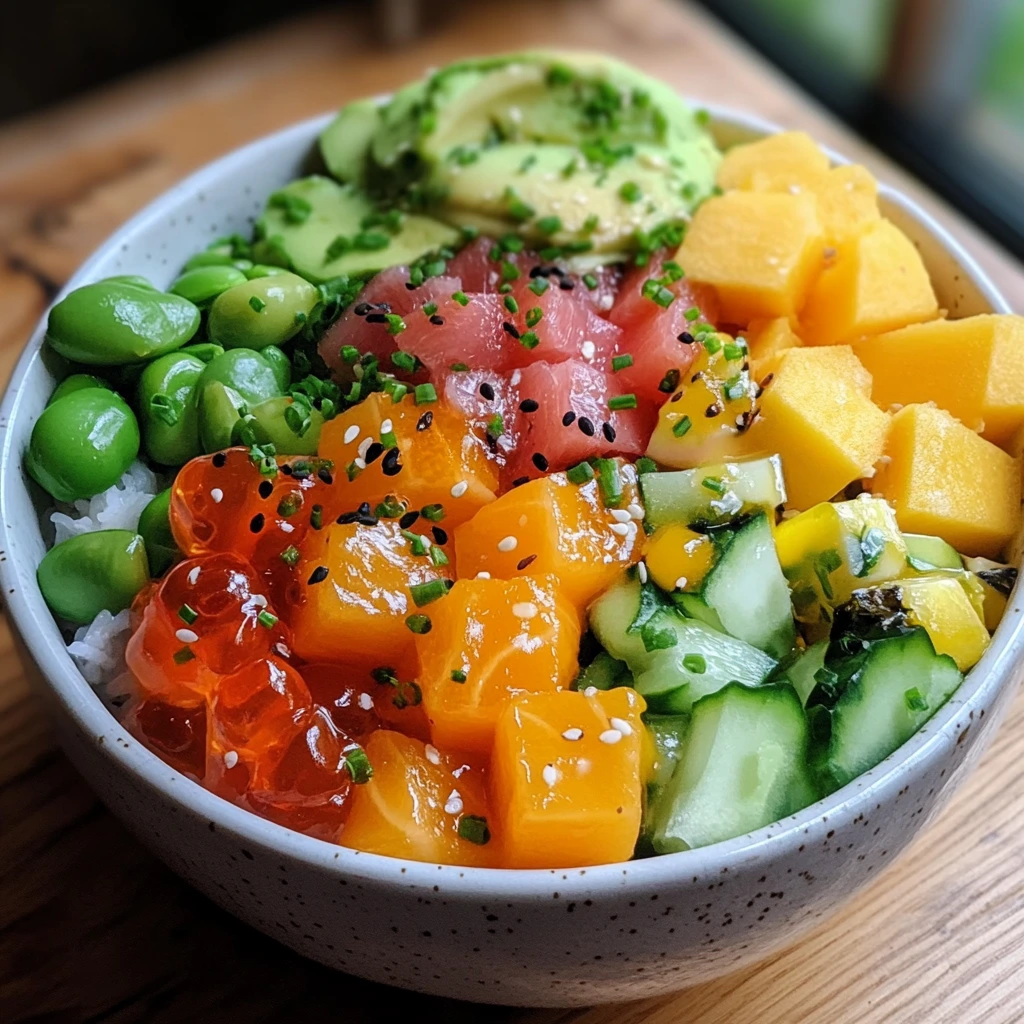 A nutrient-dense poke bowl filled with fresh tuna, salmon, diced mango, cucumber salad, avocado, edamame, and salmon roe, garnished with sesame seeds and chopped chives.