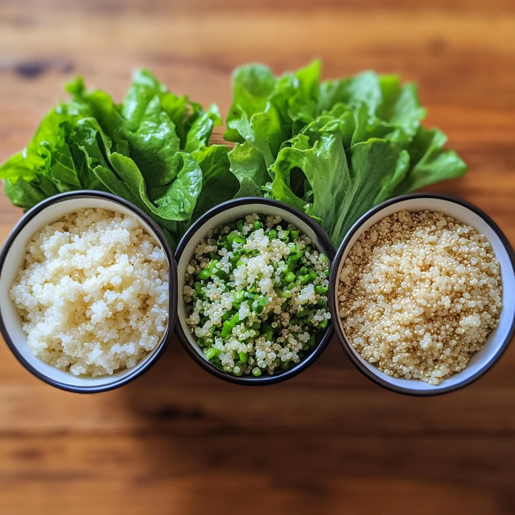 Three bowls with different poke bowl bases: one with white rice, one with quinoa, and one with a mix of lettuce leaves and quinoa, ready for customization.