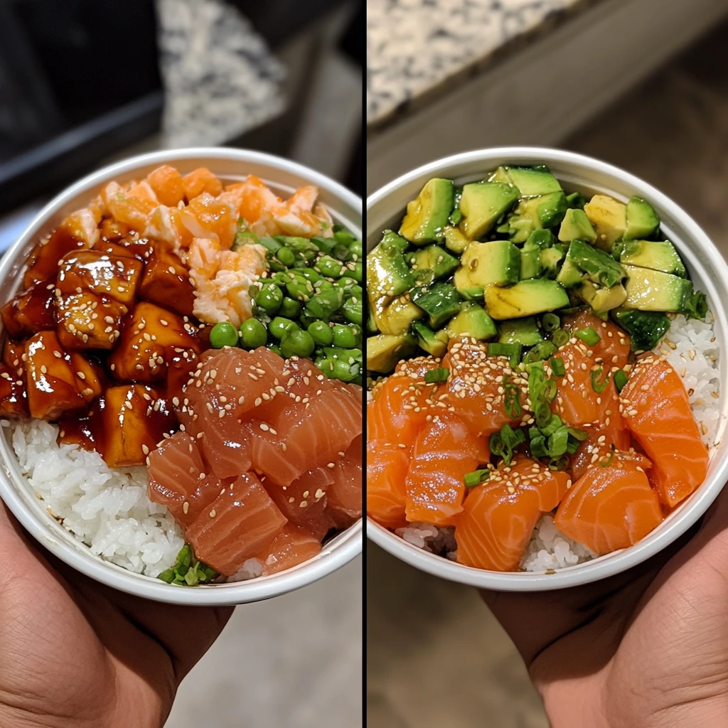 Two poke bowls side by side—one with traditional tuna poke and the other with fresh salmon, both garnished with sesame seeds, green onions, and vibrant toppings.