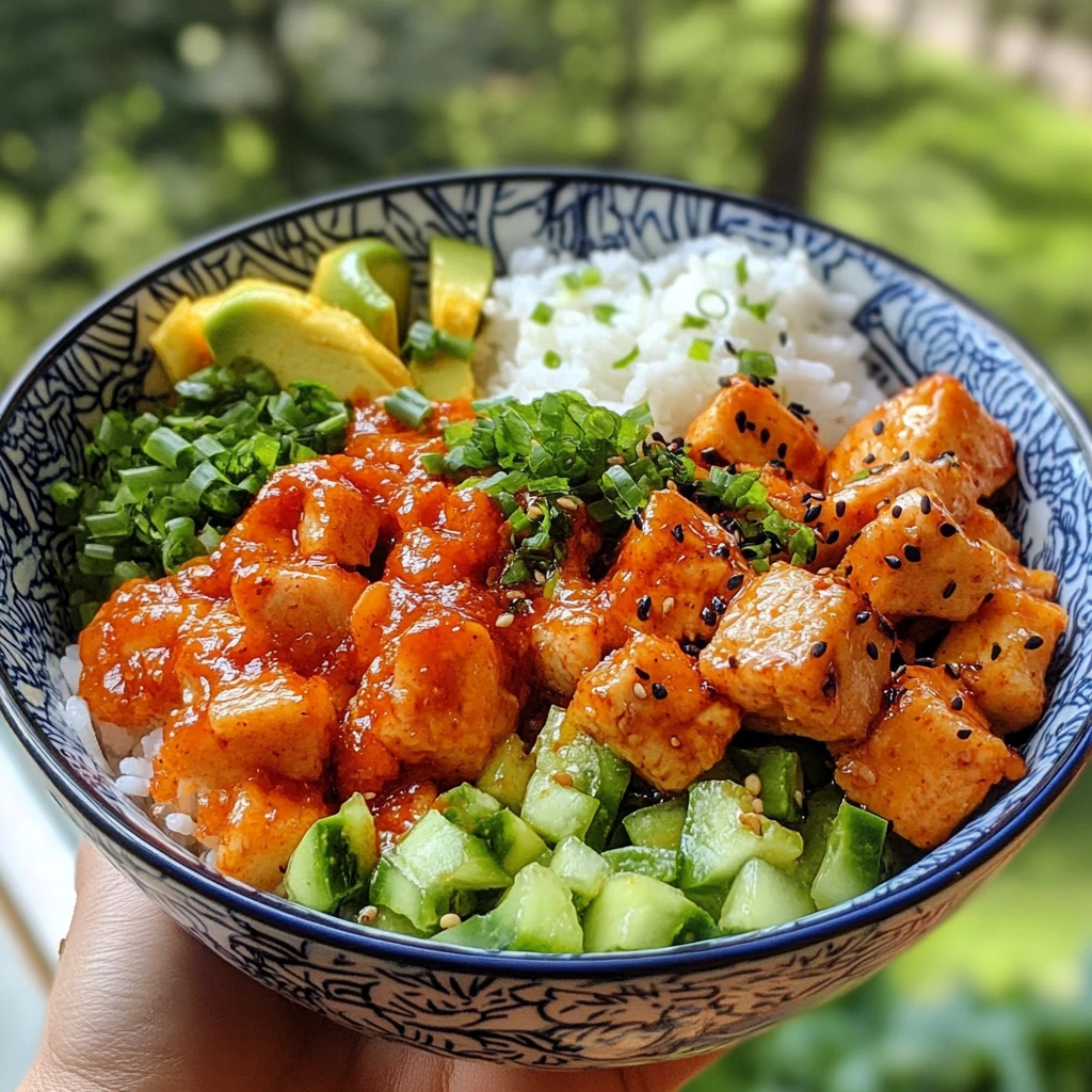 A spicy poke bowl with marinated tofu and spicy tuna, served over sushi rice with avocado, cucumber, and fresh green onions, topped with sesame seeds and black sesame.