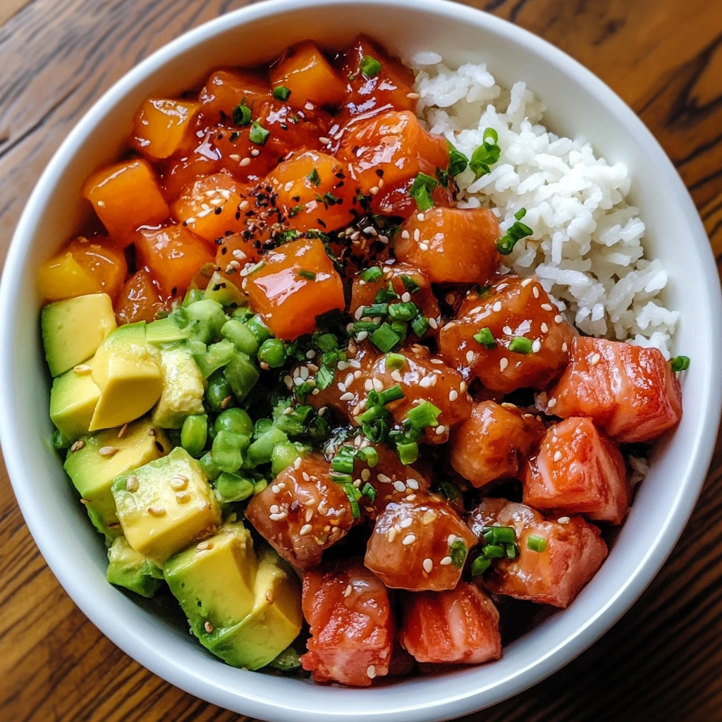 A classic poke bowl served over sushi rice, topped with fresh marinated fish, creamy avocado, sesame seeds, and chopped green onions.