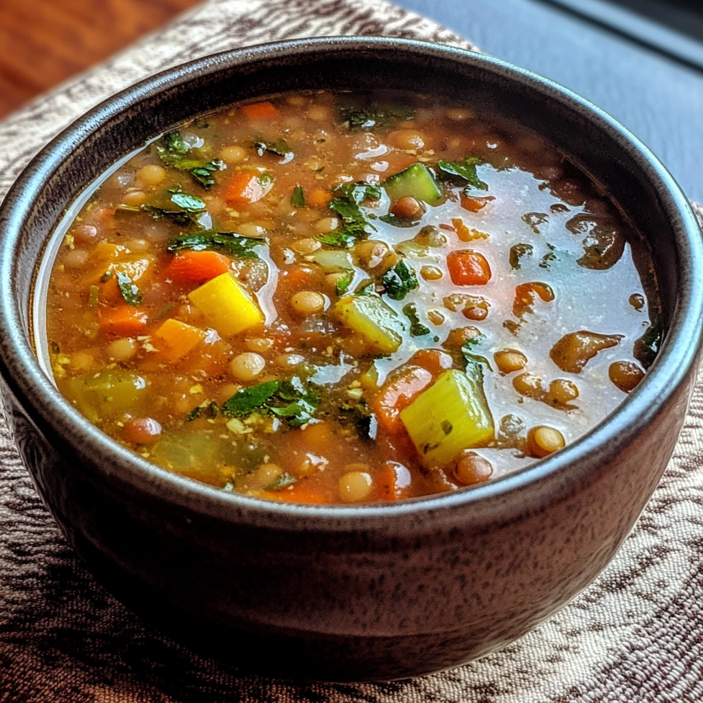 A close-up of a bowl filled with hearty veggie lentil soup, featuring lentils, diced carrots, celery, and fresh herbs in a rich broth.