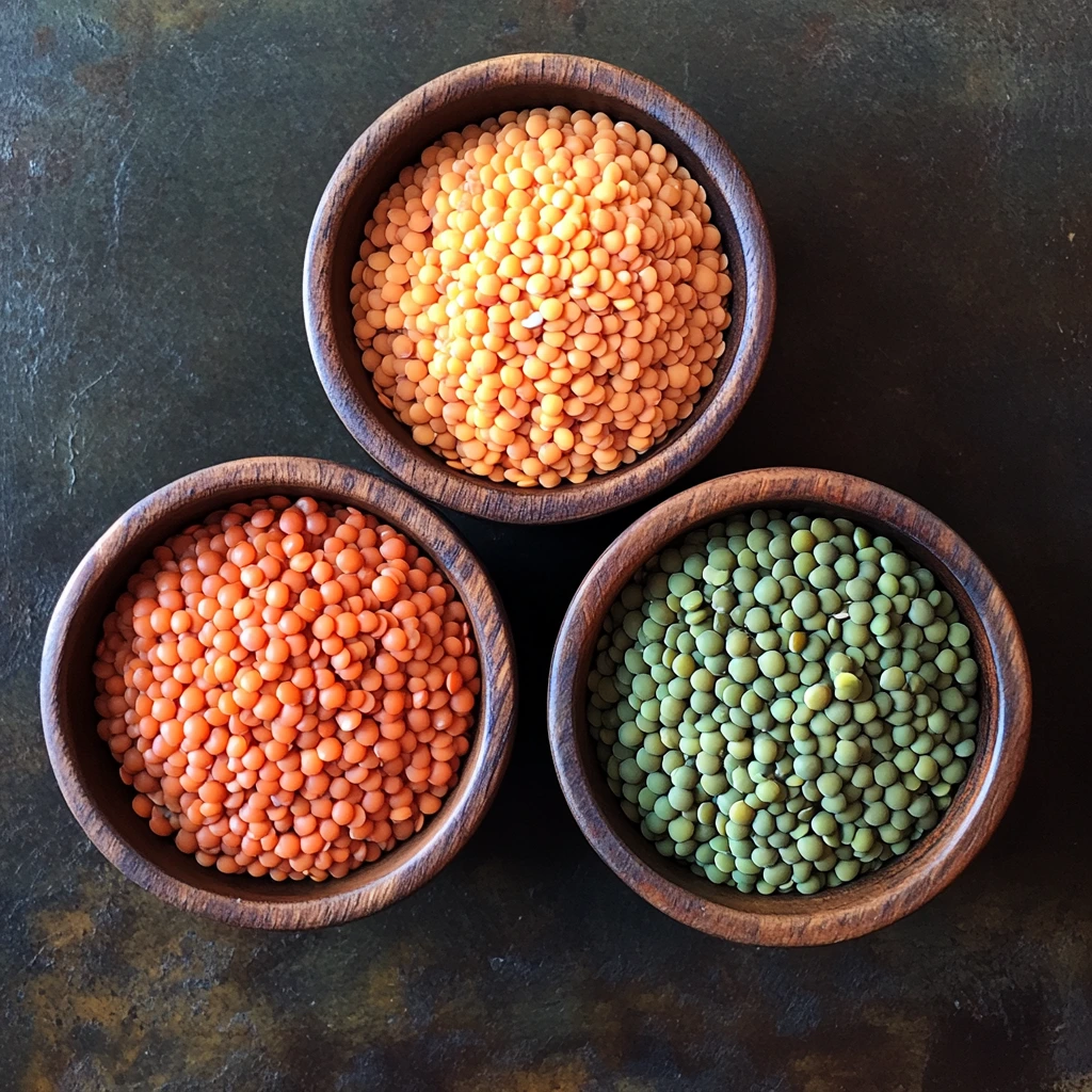 Three bowls filled with red lentils, green lentils, and brown lentils, showcasing their distinct colors and textures.