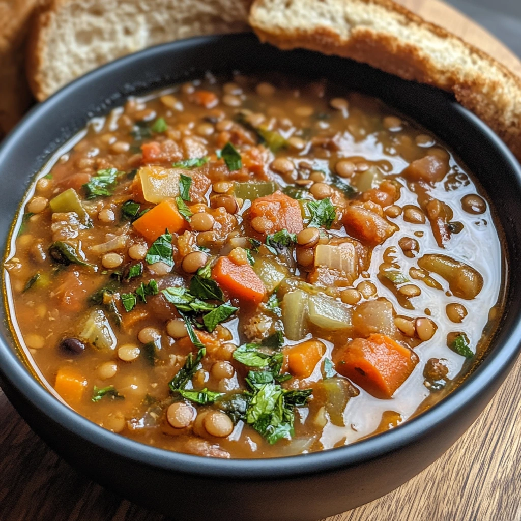 A steaming bowl of veggie lentil soup with colorful vegetables and fresh herbs, ideal for a healthy vegan meal.