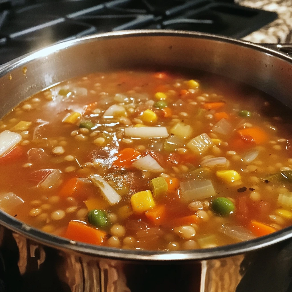 A steaming pot of veggie lentil soup with lentils, diced carrots, celery, onions, peas, and corn in a rich broth.