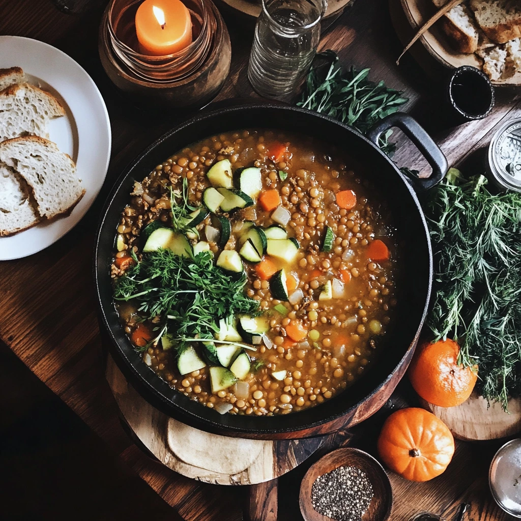 A rustic pot of veggie lentil soup with lentils, zucchini, carrots, and fresh herbs, surrounded by bread, candles, and seasonal ingredients on a wooden table.