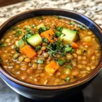 A bowl of classic veggie lentil soup with tender lentils, diced vegetables, and fresh herbs in a rich, savory broth.