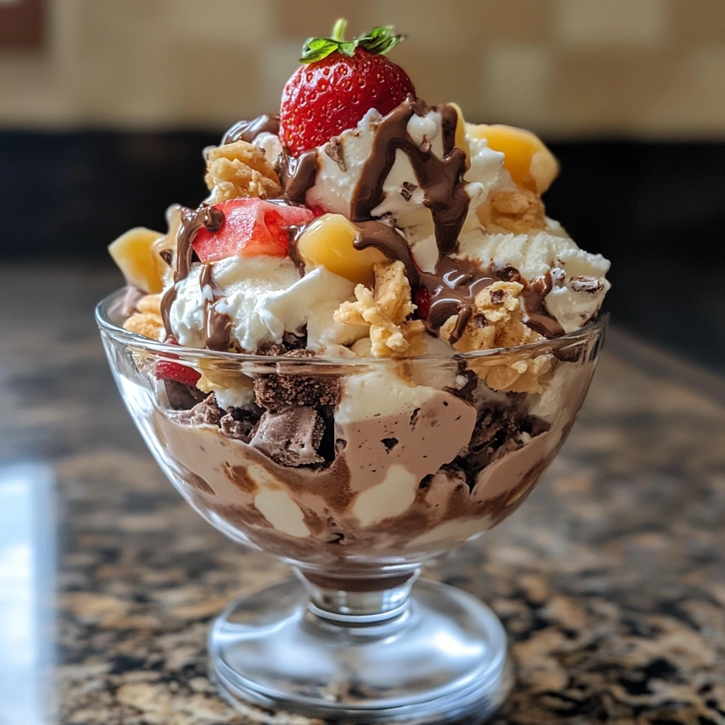 A glass dessert bowl filled with vegan homemade ice cream, topped with fresh fruit, chocolate drizzle, and crunchy granola.