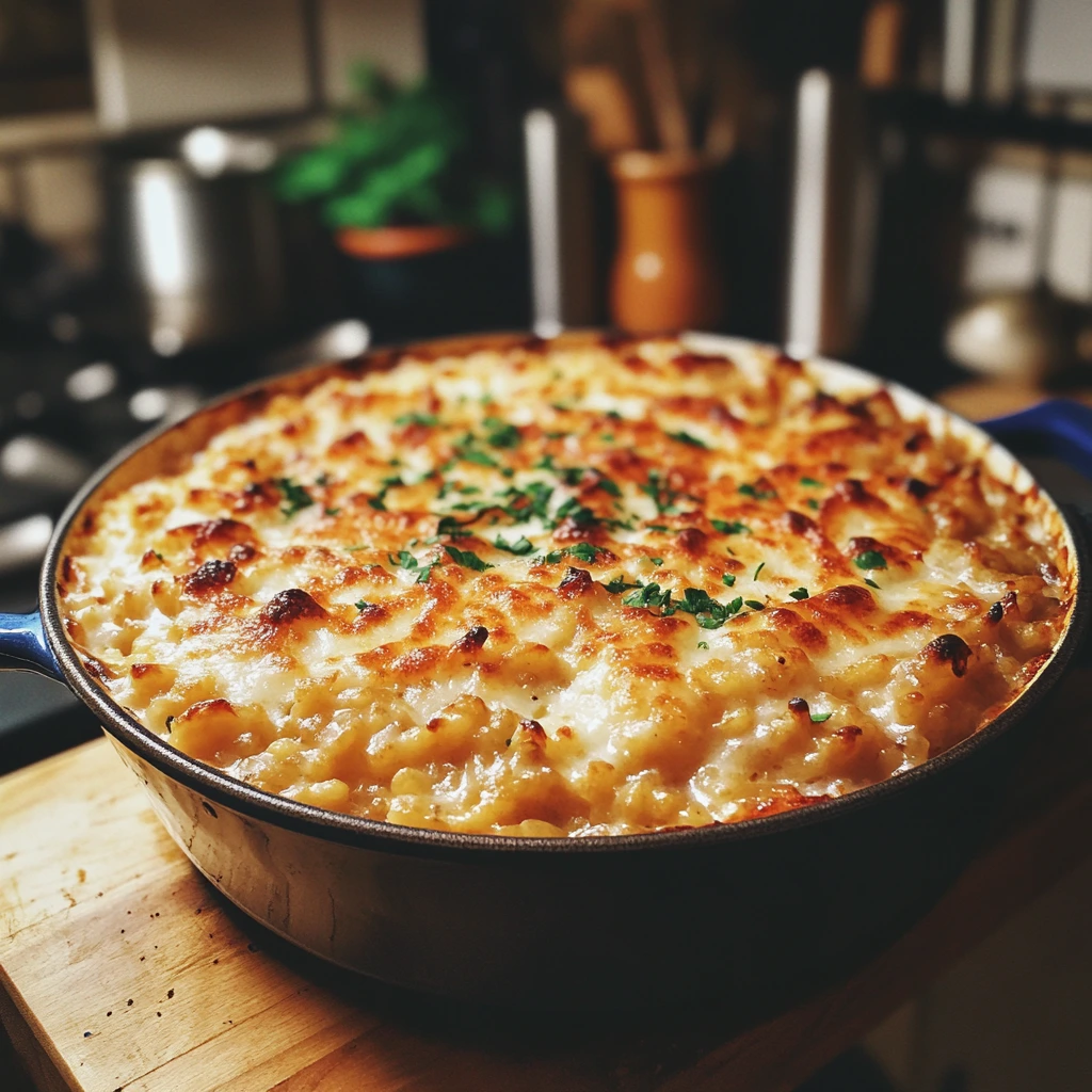 Classic oven-baked risotto in a skillet, creamy and golden with a light sprinkle of herbs on top.