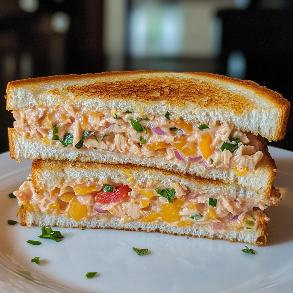Close-up of a tuna melt sandwich cut in half, showing creamy tuna salad mixed with colorful vegetables and melted cheese between golden toasted bread slices.