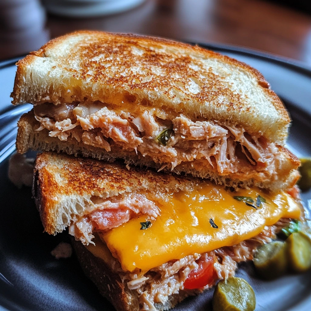 Tuna melt sandwich cut in half, showing melted cheddar cheese, chunks of tuna, and vegetables between crispy toasted bread on a dark plate.