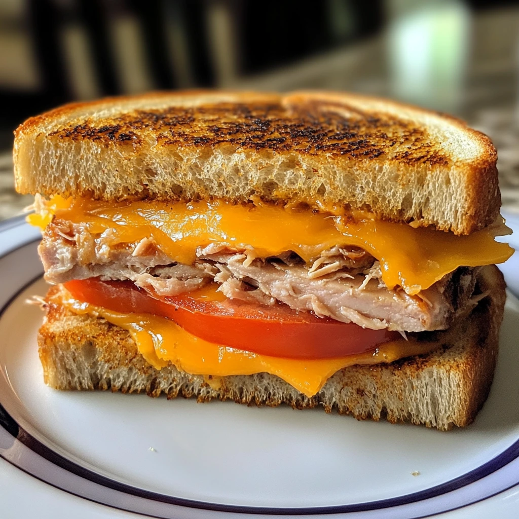 Classic grilled tuna melt sandwich featuring creamy tuna salad, melted cheddar cheese, and fresh tomato slices between golden, crispy bread.