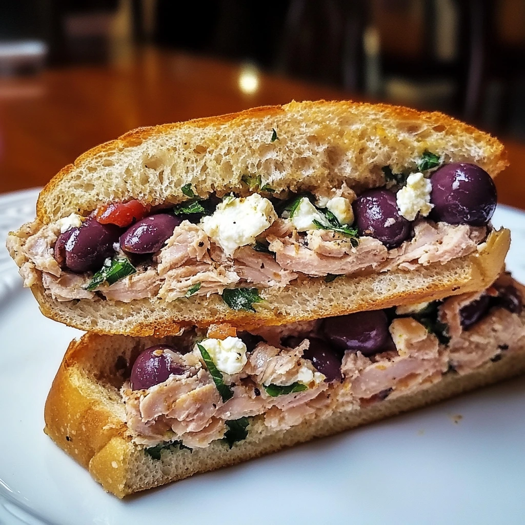 Mediterranean-style tuna melt sandwich on ciabatta bread, filled with tuna, Kalamata olives, crumbled feta cheese, and melted goodness.