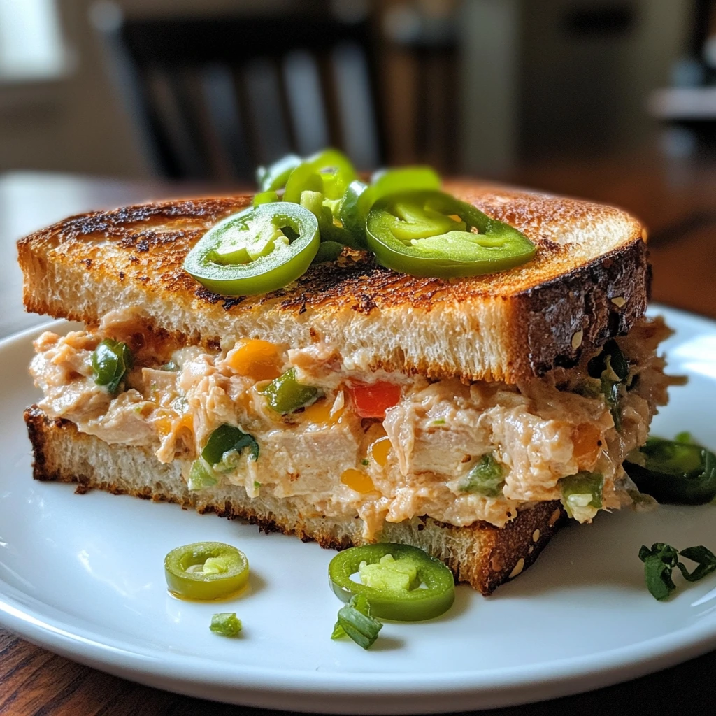 Spicy tuna melt sandwich filled with creamy tuna salad, sliced jalapeños, and melted pepper jack cheese between crispy toasted bread.