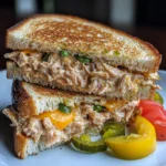 Stacked tuna melt sandwich halves with creamy tuna filling, melted cheddar cheese, and sliced jalapeños between crispy toasted bread, served with pickles and tomatoes on a white plate.