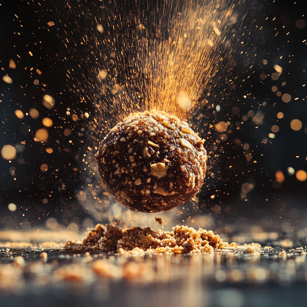 A single energy ball bursts into crumbs and sparks as it hits the surface, surrounded by flying nut and oat particles.