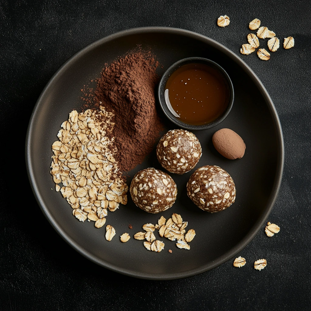 A plate with ingredients for energy balls, including rolled oats, cocoa powder, honey, and finished energy balls arranged neatly on a dark background.