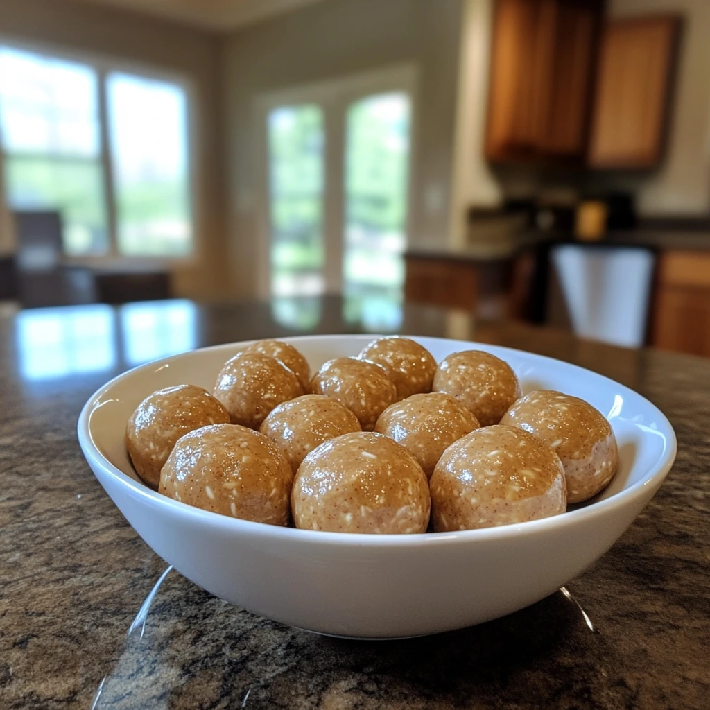 Classic peanut butter oat energy balls arranged neatly on a surface, showcasing their textured, nutty appearance with visible oats.