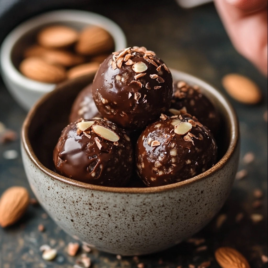 Chocolate almond protein energy balls with a rich, dark coating and visible almond pieces, arranged on a clean surface.