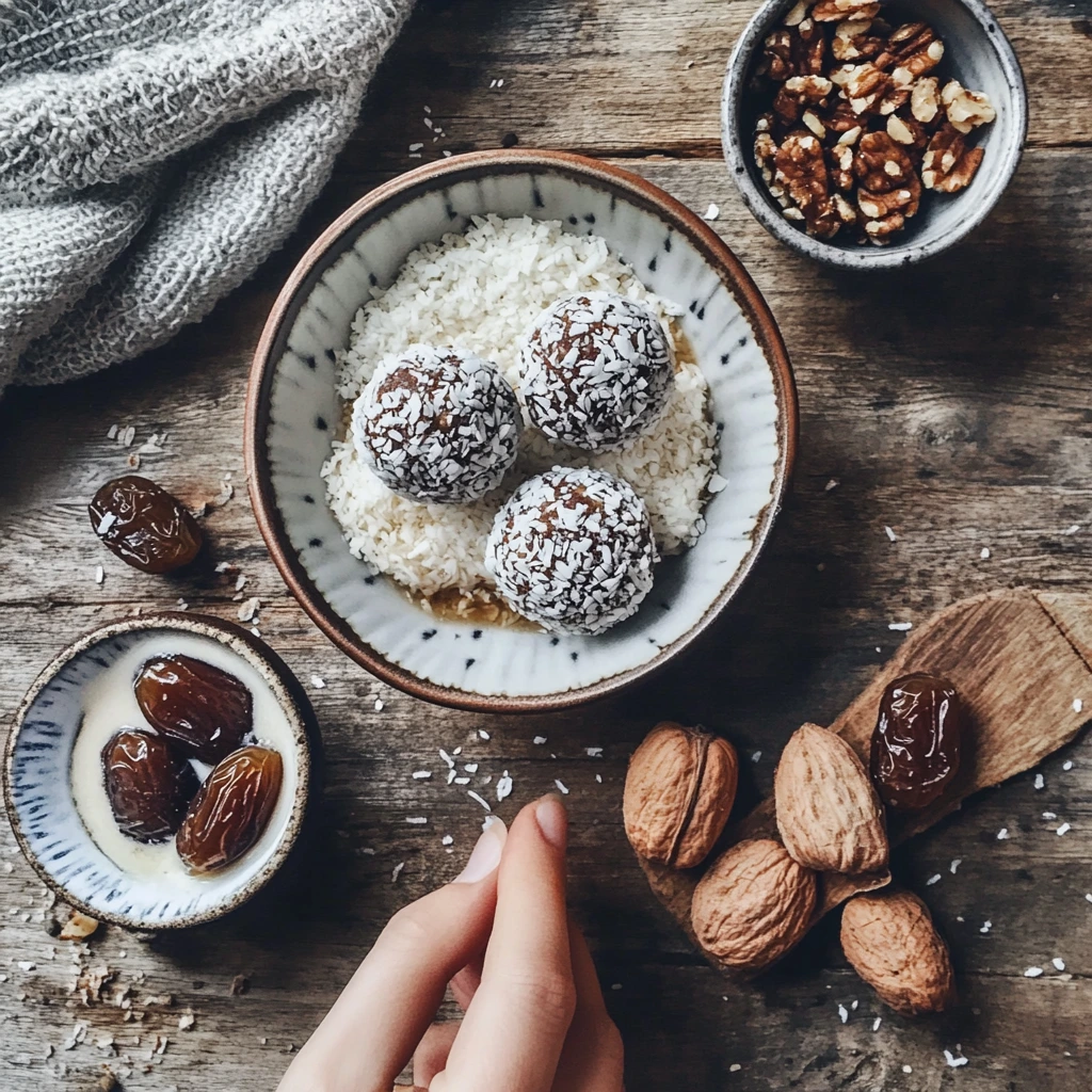 Vegan date and coconut energy balls coated in shredded coconut, displayed on a natural surface with a rustic, wholesome look.