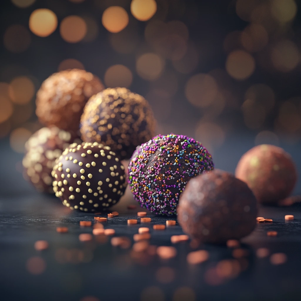 Assorted chocolate energy balls decorated with colorful sprinkles and coatings, arranged on a dark surface with a festive bokeh background.