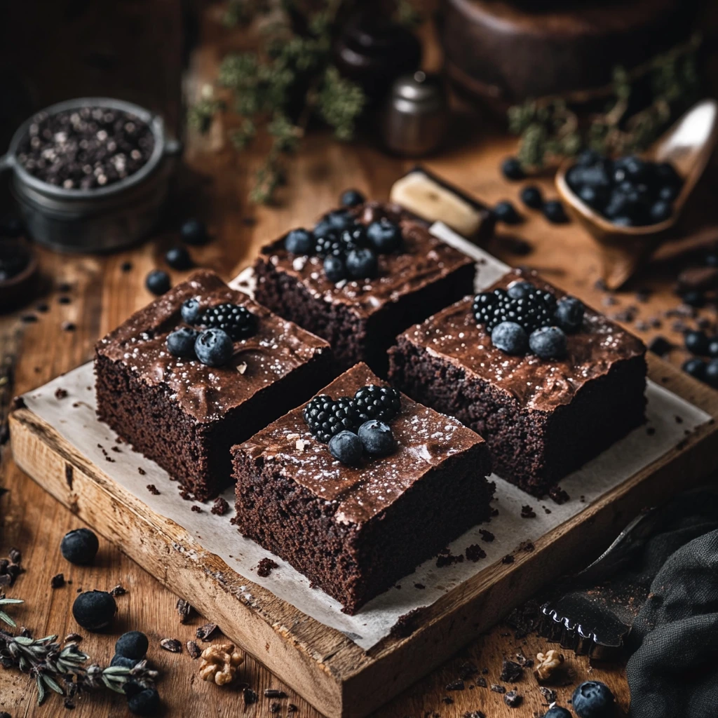 Four rich, fudgy chocolate brownies topped with fresh blueberries and blackberries, displayed on parchment paper over a rustic wooden board.