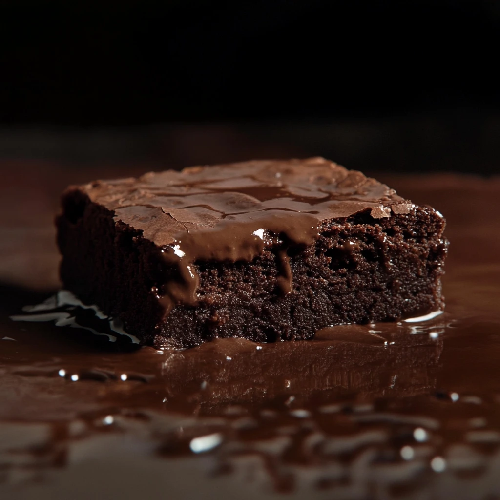 A close-up of a rich, fudgy brownie with melted chocolate oozing on a dark surface, highlighting its dense texture.