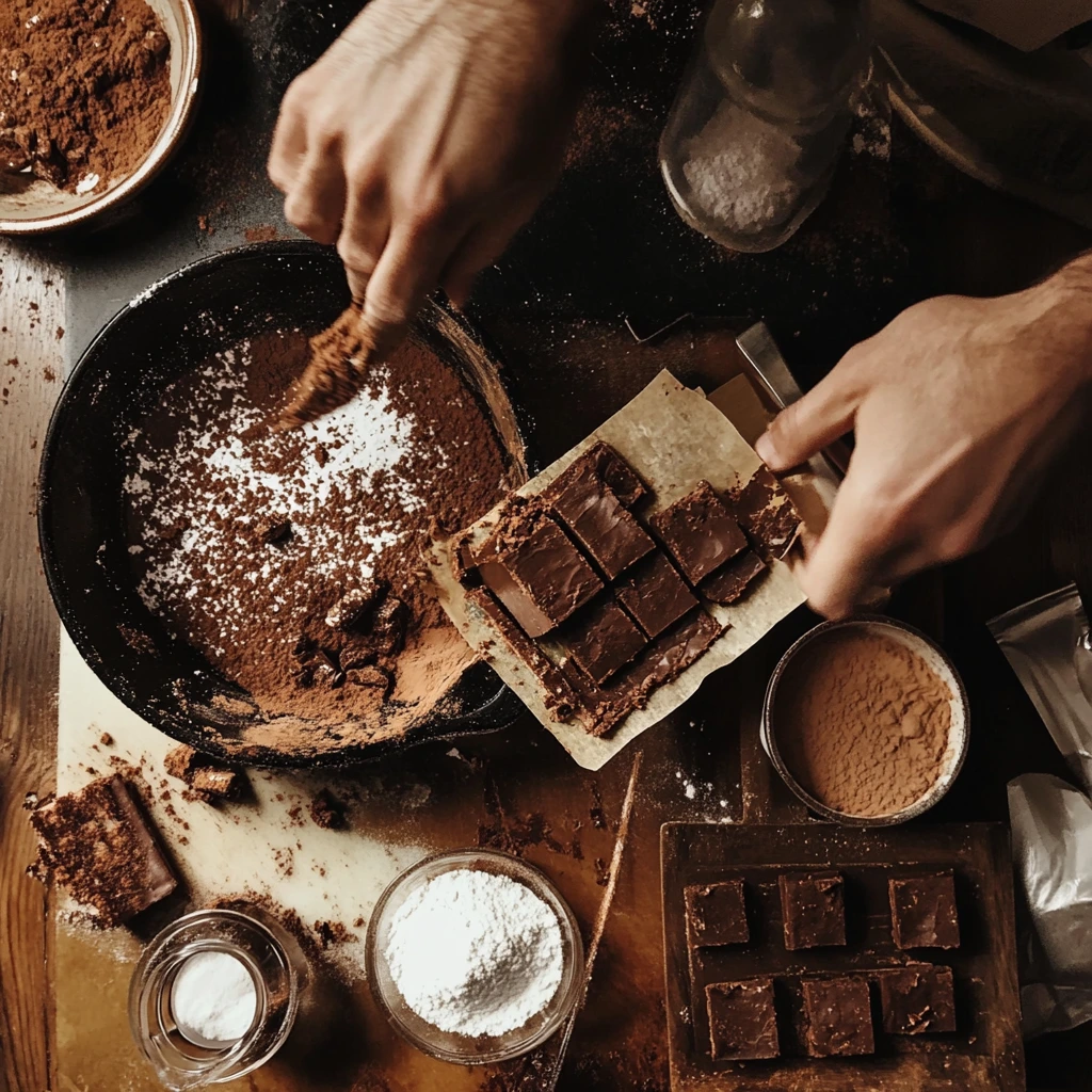 Hands preparing fudgy brownie batter with cocoa powder, chopped chocolate, and baking ingredients on a rustic kitchen counter.