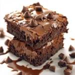 Classic fudgy brownies with a rich chocolate color, dense texture, and a shiny, crinkled top layer.