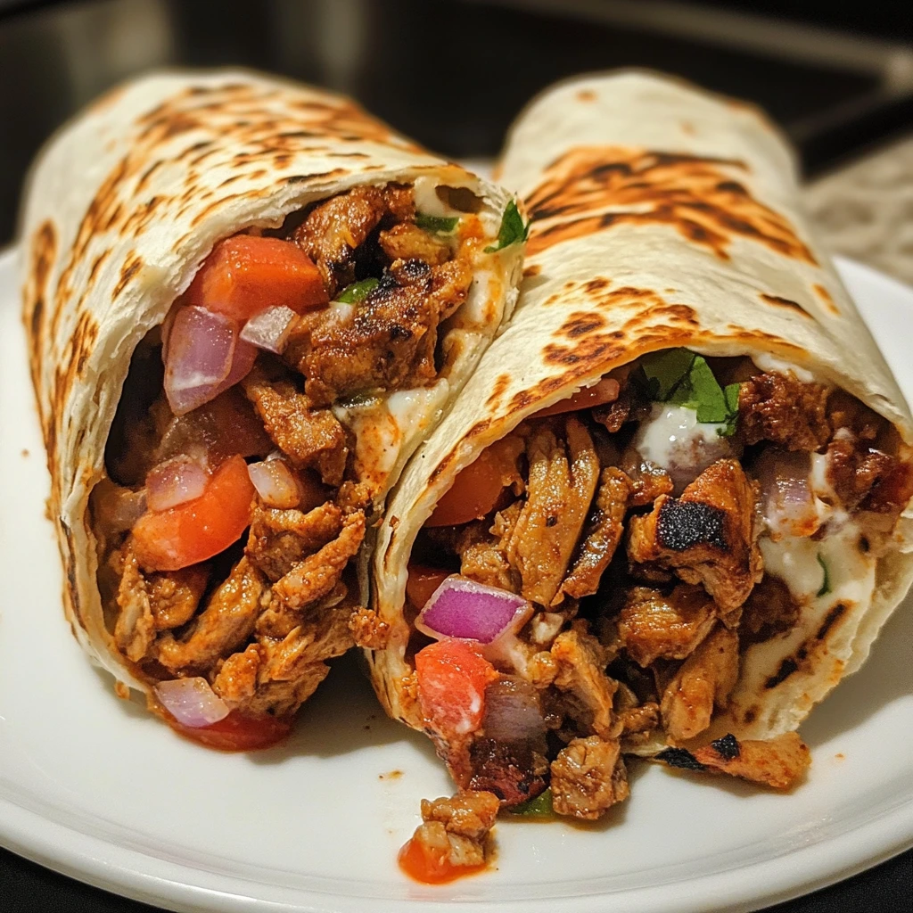 A close-up of a homemade shawarma wrap filled with grilled meat, fresh vegetables, and creamy sauce, wrapped in warm flatbread.