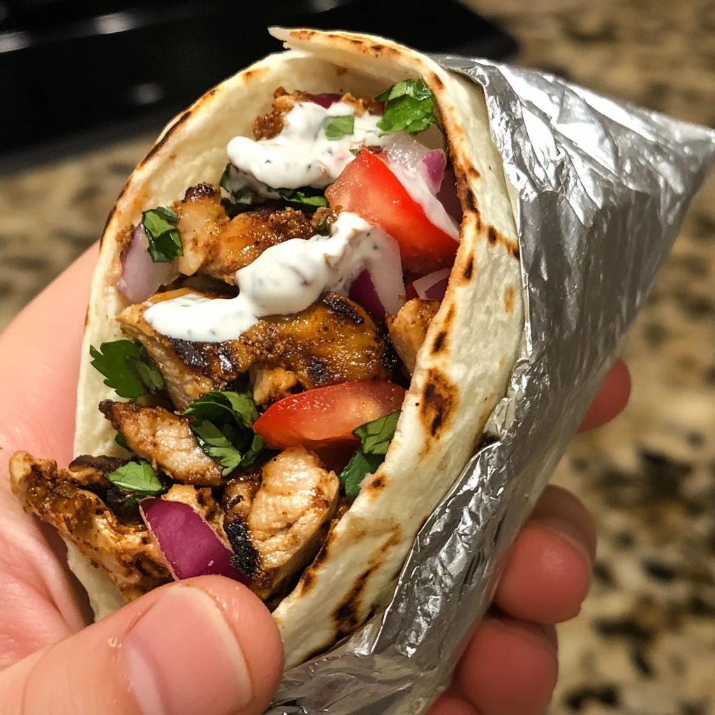 A homemade chicken shawarma wrap filled with grilled spiced chicken, fresh vegetables, and creamy garlic sauce in a soft flatbread.