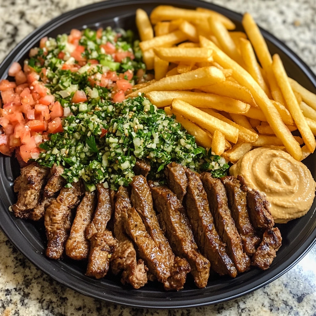 Homemade beef shawarma plated with creamy hummus, fresh tabbouleh salad, and golden French fries.