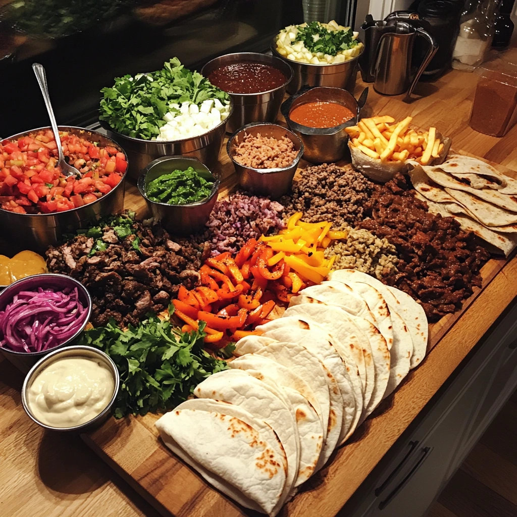 A homemade shawarma wrap station featuring flatbreads, assorted sauces, grilled meats, and fresh toppings laid out on a table.