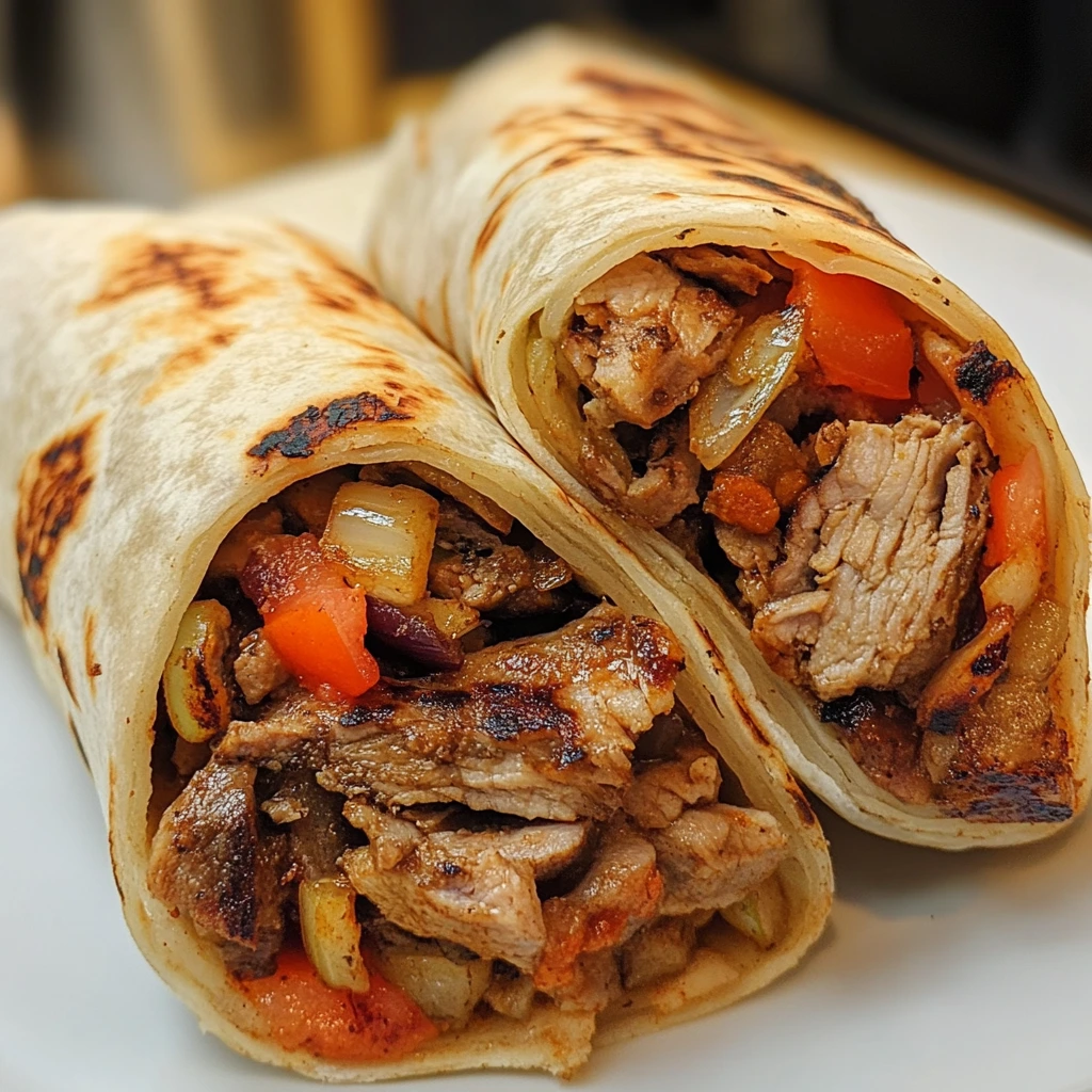 A homemade shawarma wrap filled with spiced meat, fresh vegetables, and creamy sauce, wrapped in soft flatbread.