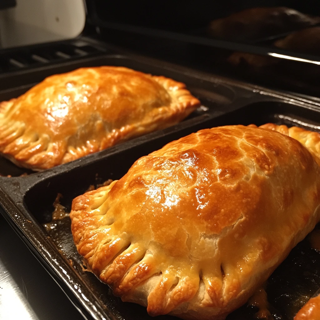 Freshly baked Mexican empanadas with golden, flaky crusts on a baking tray.