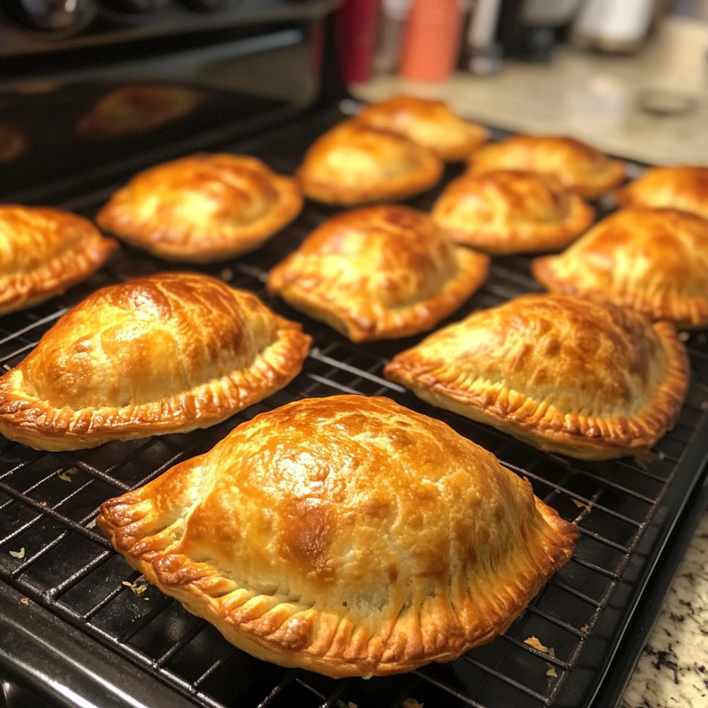 A batch of golden-brown Mexican empanadas cooling on a wire rack in a kitchen.