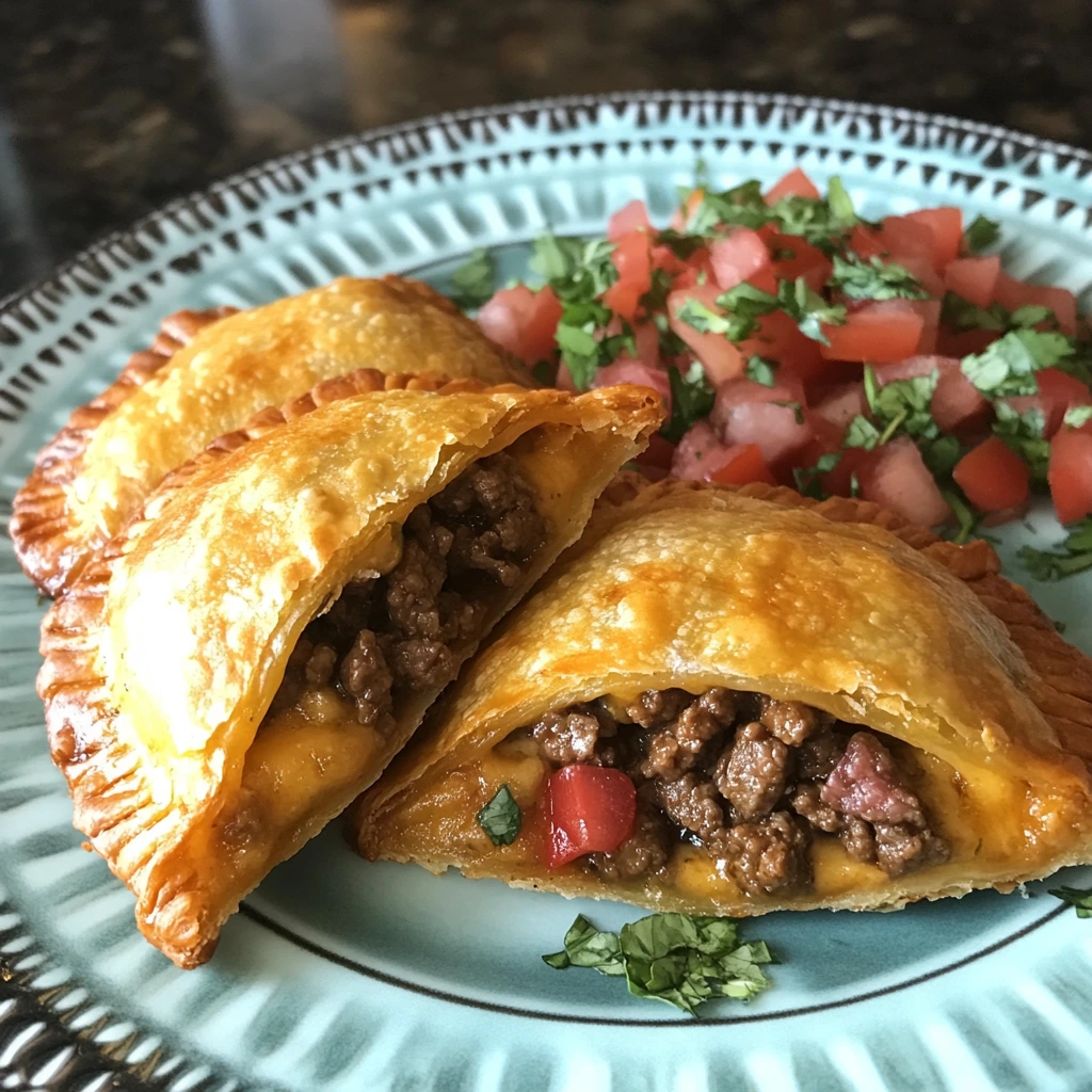 Golden-baked Mexican empanadas filled with seasoned beef and melted cheese on a serving plate.