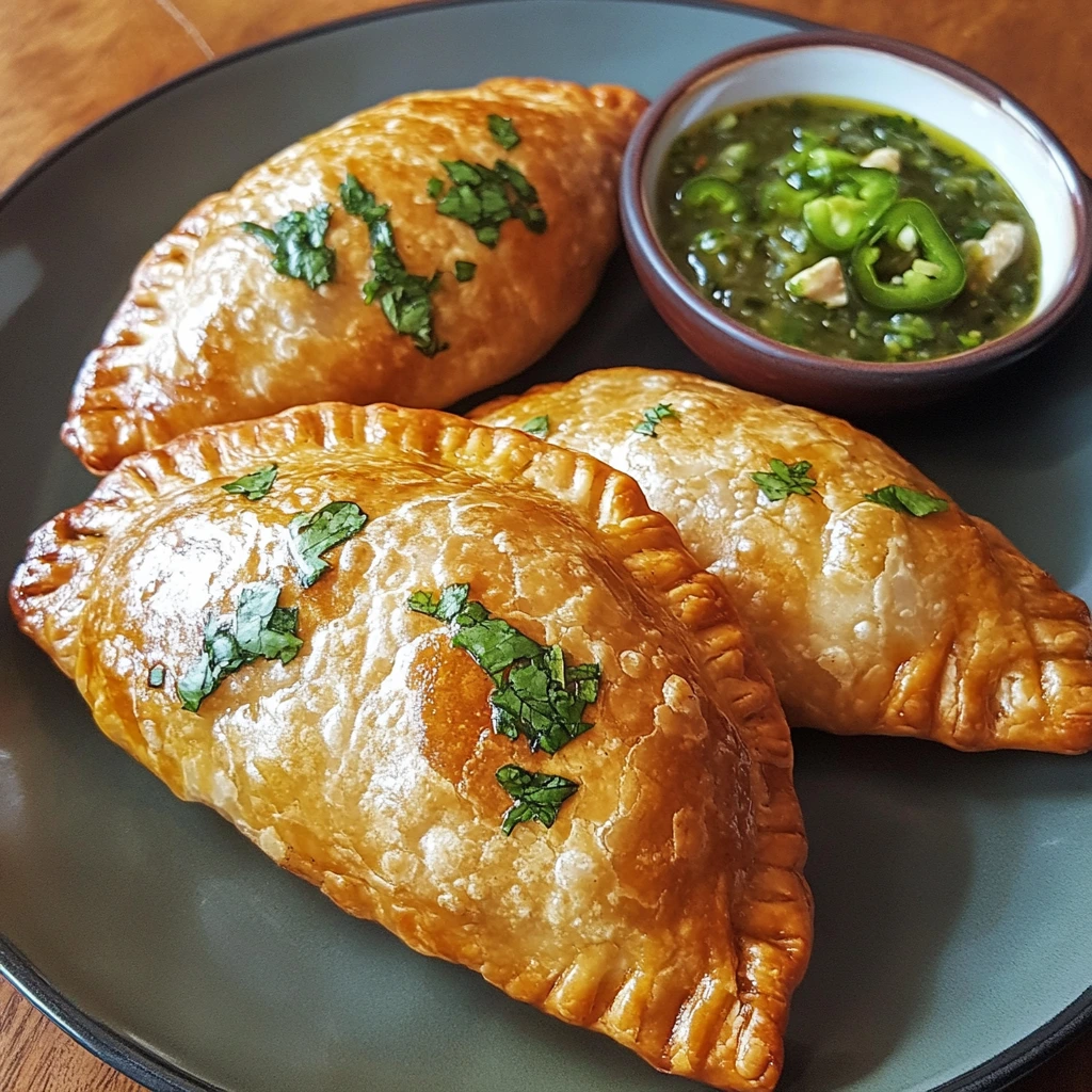 Spicy chicken Mexican empanadas served with sliced jalapeños and a side of salsa verde.