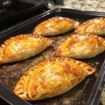 Six freshly baked Mexican empanadas with golden, glossy crusts on a dark baking tray.
