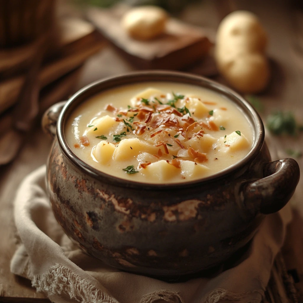 Creamy potato soup garnished with herbs and crispy bits in a rustic bowl.